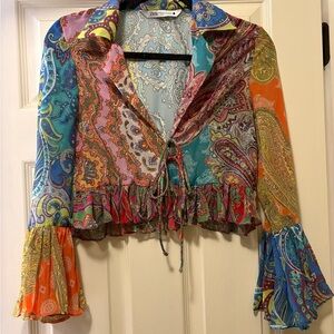 Zara Multicolor Paisley Cropped Blouse with Tie Closure (Size XS)